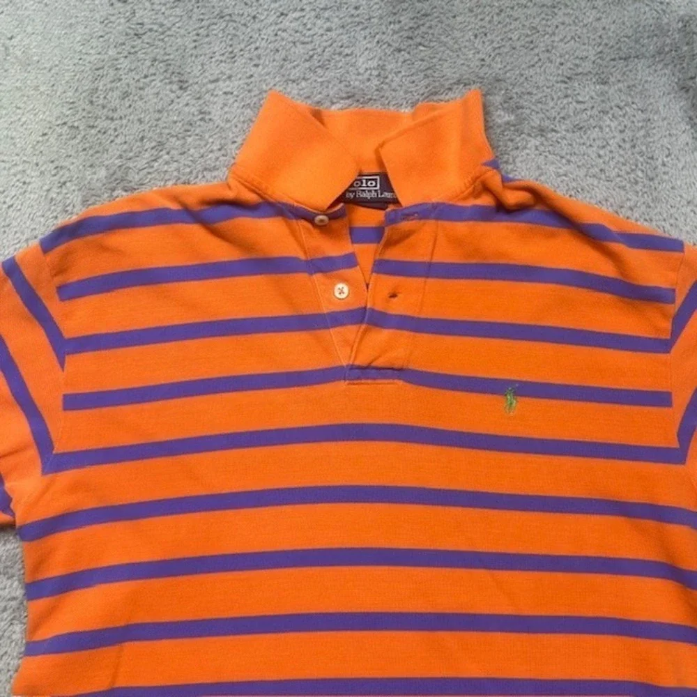 Vintage Ralph Lauren Polo Shirt Mens M Oran Blue Casual Striped Short Sleeve Y2K